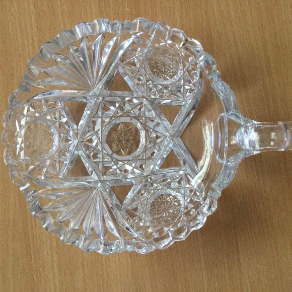 Vintage ABP Cut Glass Hobstars & Fans Decorated Finger Grip Handled Bowl - Picture 1 of 6